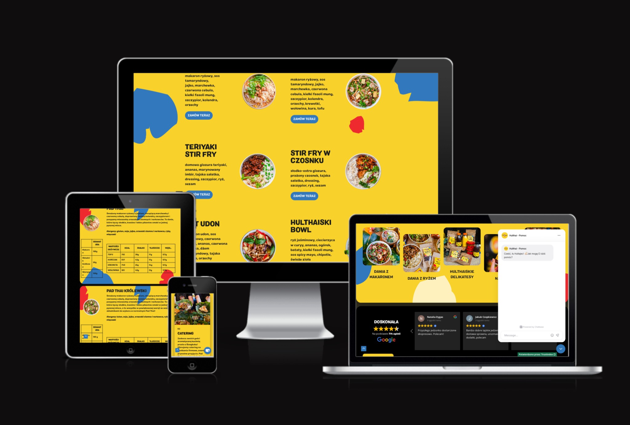 Menu restauracji azjatyckiej Hultai na ekranach urządzeń: laptopa, tabletu i smartfona. Widoczne dania: stir fry, pad thai, udon bowl i opinie klientów.