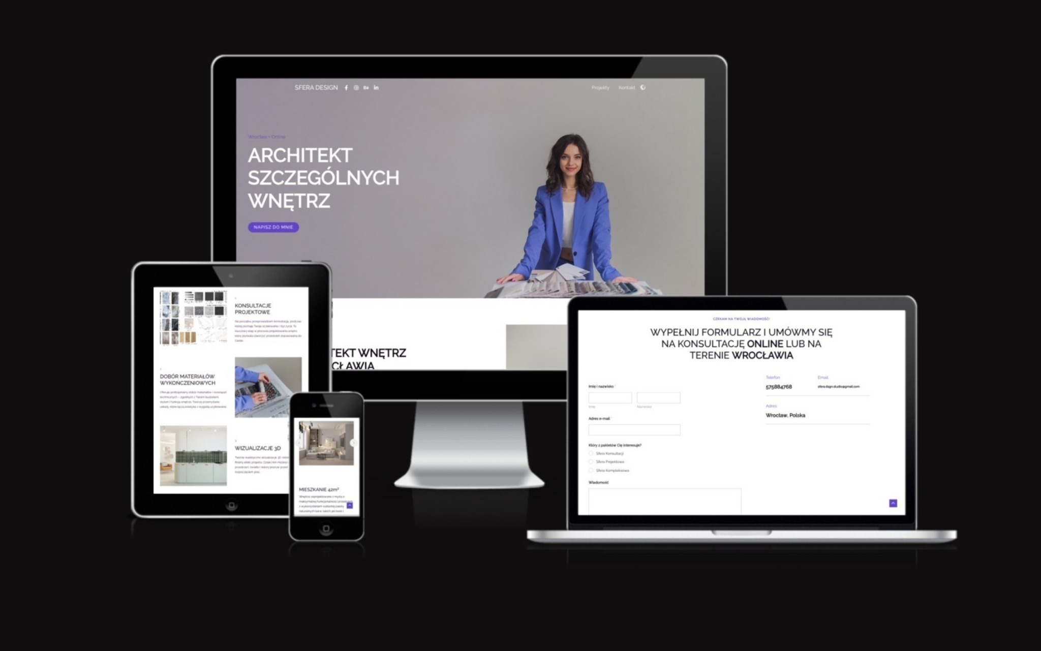 Responsywna strona internetowa architekta wnętrz na różnych urządzeniach: monitor, laptop, tablet i smartfon. Widoczny formularz kontaktowy i portfolio.