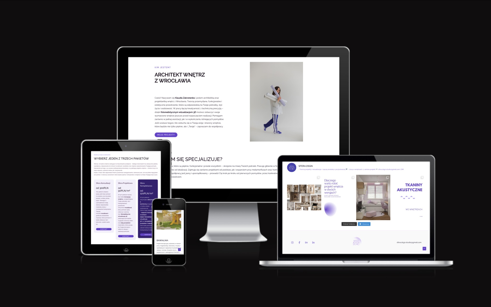 Responsywna strona internetowa architekta wnętrz na różnych urządzeniach: monitorze, laptopie, tablecie i smartfonie. Prezentacja portfolio i oferty usług.