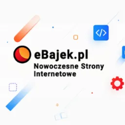 Grafika z logo eBajek.pl, hasłem 'Nowoczesne Strony Internetowe' i ikonami kodu, koła zębatego i gradientowych pasków na białym tle. Minimalistyczny design.