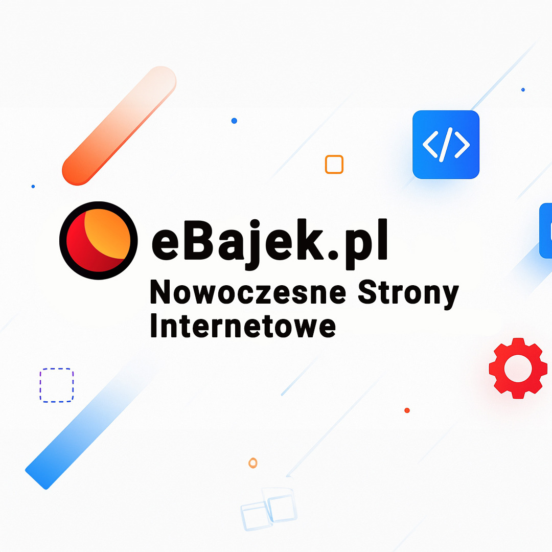 Grafika z logo eBajek.pl, hasłem 'Nowoczesne Strony Internetowe' i ikonami kodu, koła zębatego i gradientowych pasków na białym tle. Minimalistyczny design.