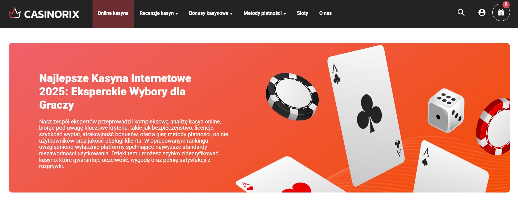 Ilustracja strony internetowej z motywem kasyna: karty, żetony i kostka na pomarańczowym tle. Tekst: Najlepsze Kasyna Internetowe 2025. Eksperckie Wybory dla Graczy.
