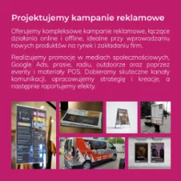 Przykłady kampanii reklamowych: ulotki, banery, reklama na samochodzie. Różnorodne materiały promocyjne prezentujące ofertę firmy.