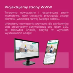Prezentacja responsywnej strony WWW na monitorze i smartfonie, z tekstem 'Projektujemy strony WWW' i ofertą firmy budowlanej. Ekran z listą usług.