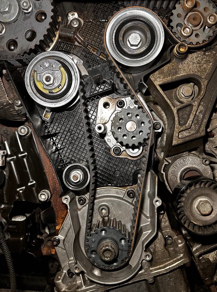 Złożony silnik samochodowy z widocznym paskiem rozrządu, kołami zębatymi i napinaczem, ukazujący detale mechaniczne w zbliżeniu. Elementy metalowe z widocznymi śladami eksploatacji.