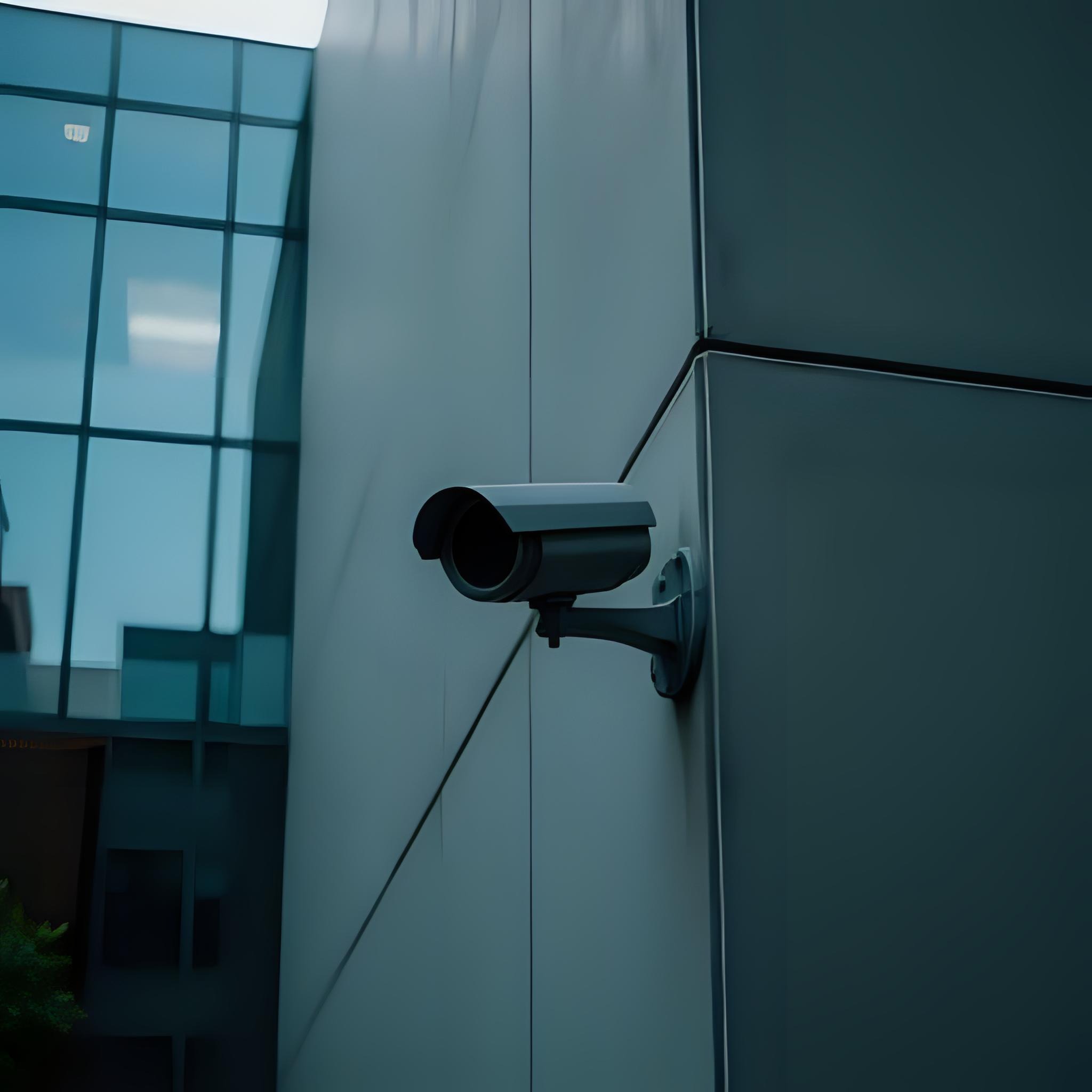 Kamera monitoringu na elewacji nowoczesnego budynku z przeszkleniami. Kąt ujęcia z dołu podkreśla geometryczny detal fasady i minimalistyczny design kamery.