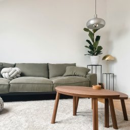 Sonia Garbowska - Stylowe wnętrze: zielona sofa z poduszkami, drewniany stolik kawowy na puszystym dywanie. Minimalistyczny design z rośliną i lampą. Jasne, nowoczesne mieszkanie.