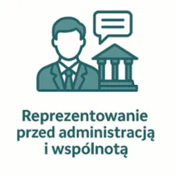 Grafika: Mężczyzna w garniturze obok budynku z kolumnami, dymek dialogowy. Tekst: Reprezentowanie przed administracją i wspólnotą. Minimalistyczny design, turkusowe akcenty.