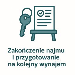 Sonia Garbowska - Grafika: klucz, lista kontrolna i napis 'Zakończenie najmu i przygotowanie na kolejny wynajem', całość w odcieniach szarości i bieli.