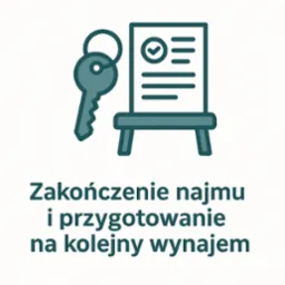 Grafika: klucz, lista kontrolna i napis 'Zakończenie najmu i przygotowanie na kolejny wynajem', całość w odcieniach szarości i bieli.