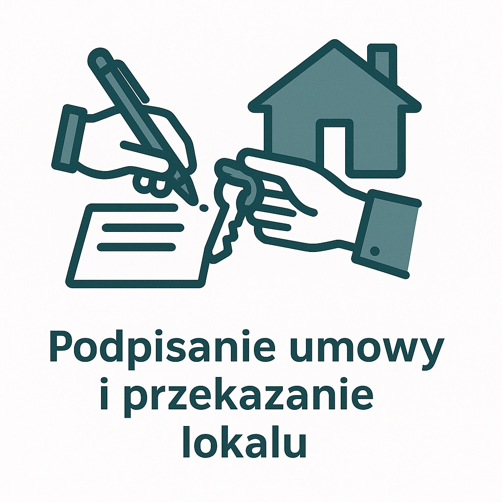 Ilustracja: Podpisanie umowy i przekazanie lokalu. Ręka podpisuje dokument, druga wręcza klucze do domu. Grafika w odcieniach szarości, prosty styl.