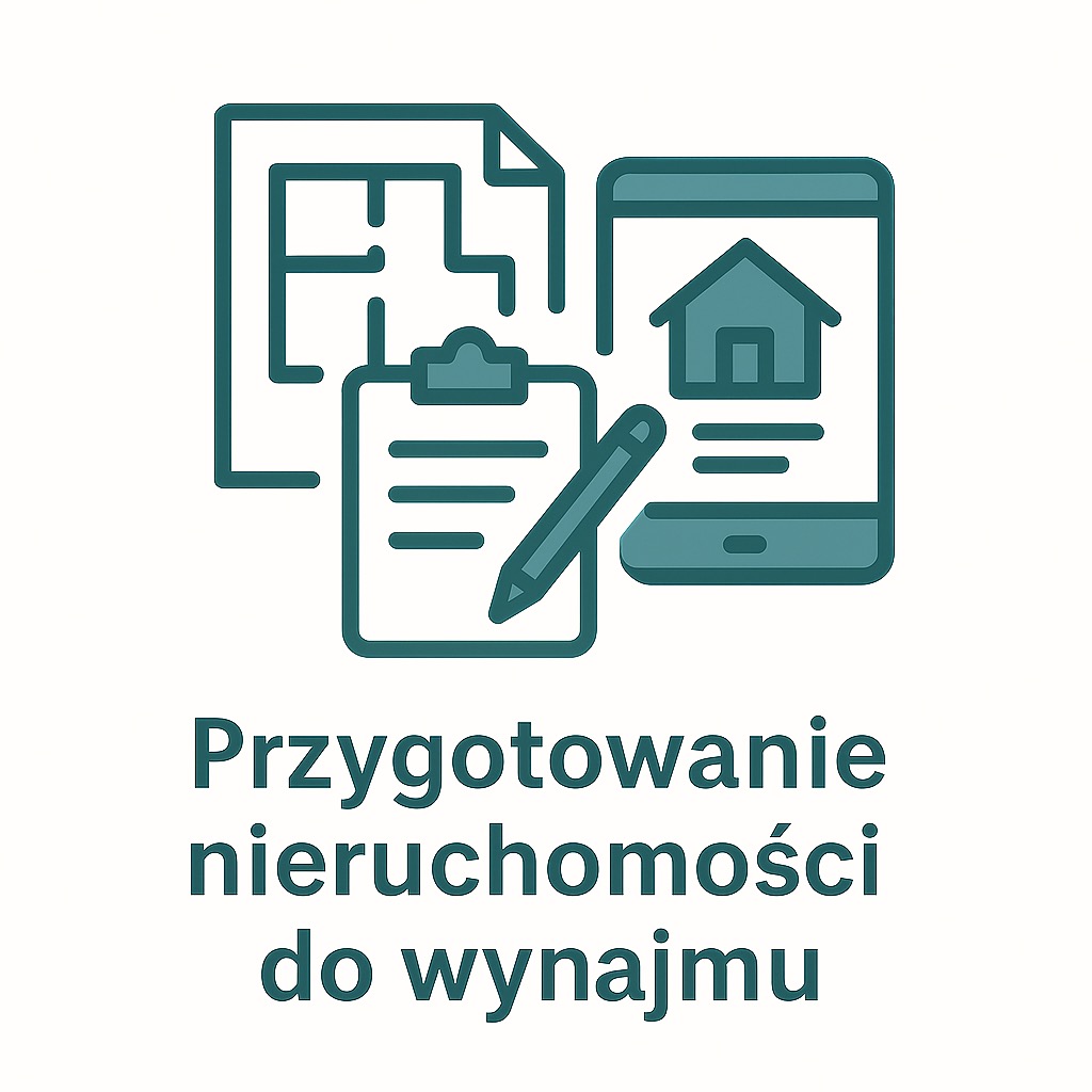 Ikona: plan mieszkania, notatnik z ołówkiem i smartfon z symbolem domu. Tekst: Przygotowanie nieruchomości do wynajmu. Grafika w odcieniach zieleni na jasnym tle.