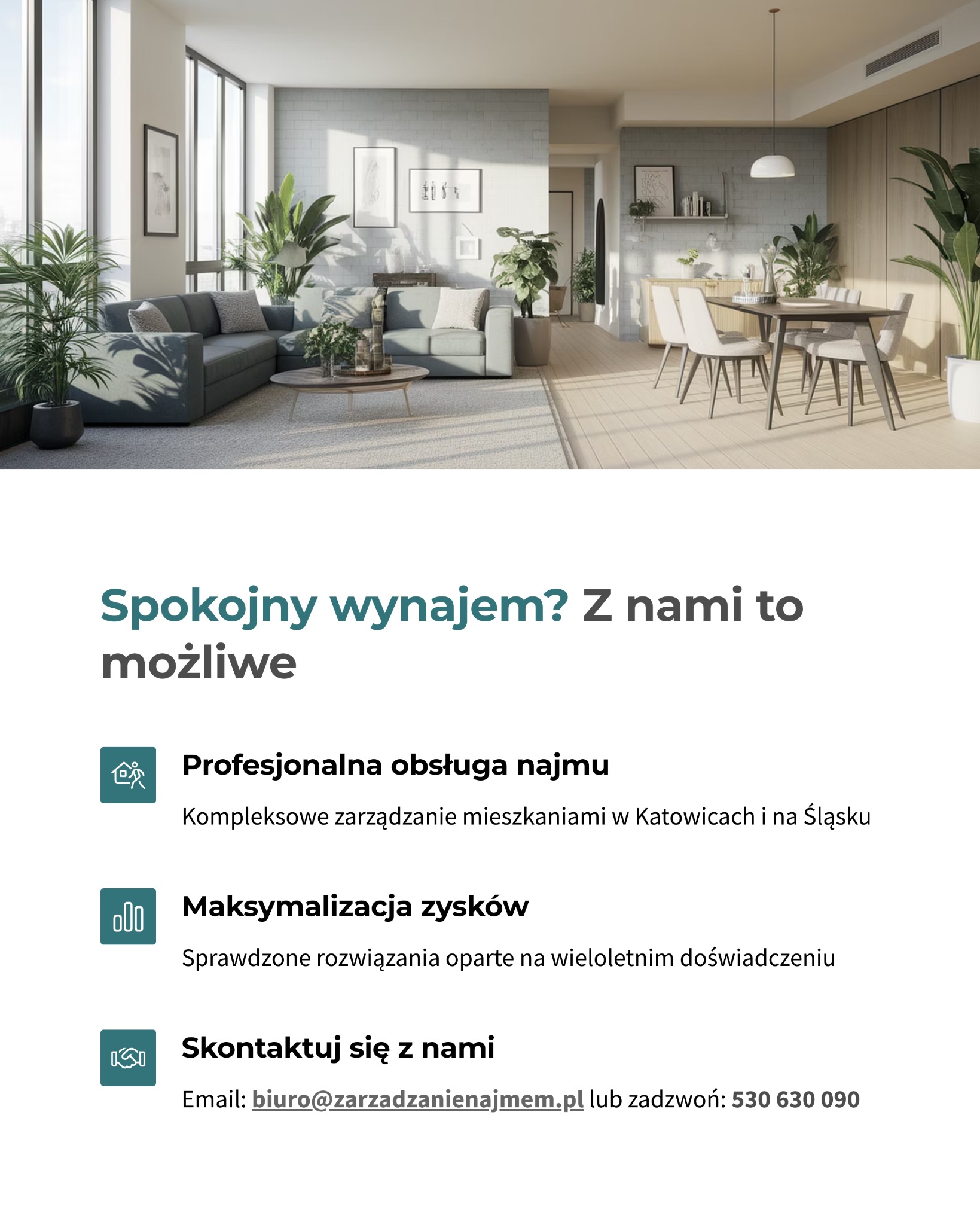 Jasne wnętrze mieszkania z sofą, stołem i roślinami. Nowoczesny design, duże okna, subtelne oświetlenie. Idealne do wynajmu.