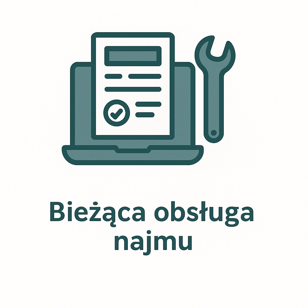 Grafika: Laptop z dokumentem i kluczem, symbolizująca bieżącą obsługę najmu. Ciemnozielona kolorystyka na białym tle.