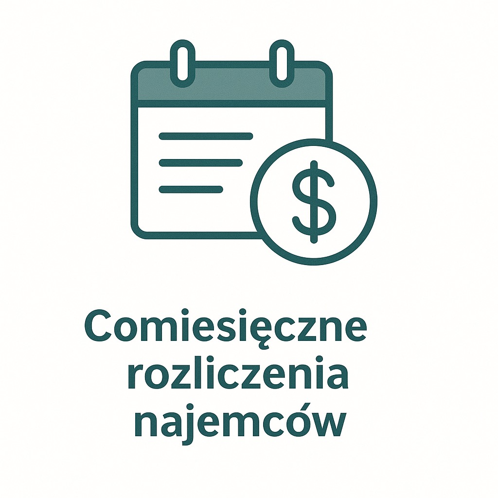 Grafika: Kalendarz z symbolem dolara, oznaczająca comiesięczne rozliczenia najemców. Minimalistyczny design w odcieniach zieleni na jasnym tle.
