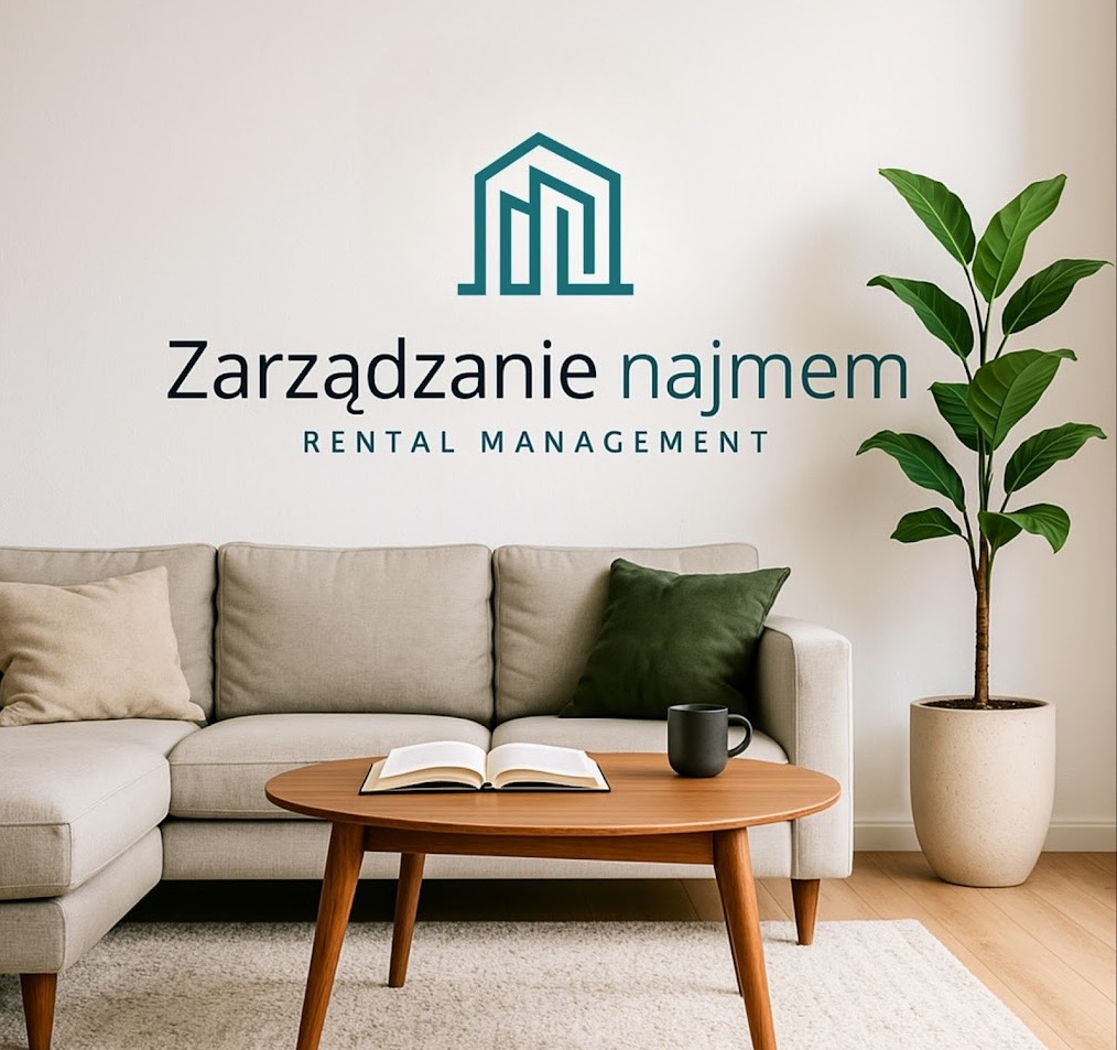 Stylowe wnętrze z kanapą, stolikiem kawowym, rośliną doniczkową i logo 'Zarządzanie najmem'. Minimalistyczny design, neutralna kolorystyka.