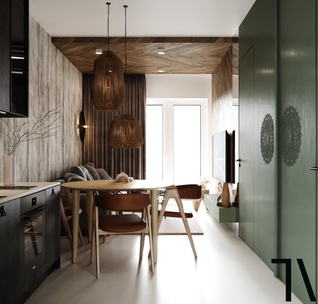 Nowoczesne wnętrze jadalni z drewnianym sufitem w jodełkę i wiszącymi lampami z naturalnych materiałów. Minimalistyczny design z akcentami boho.