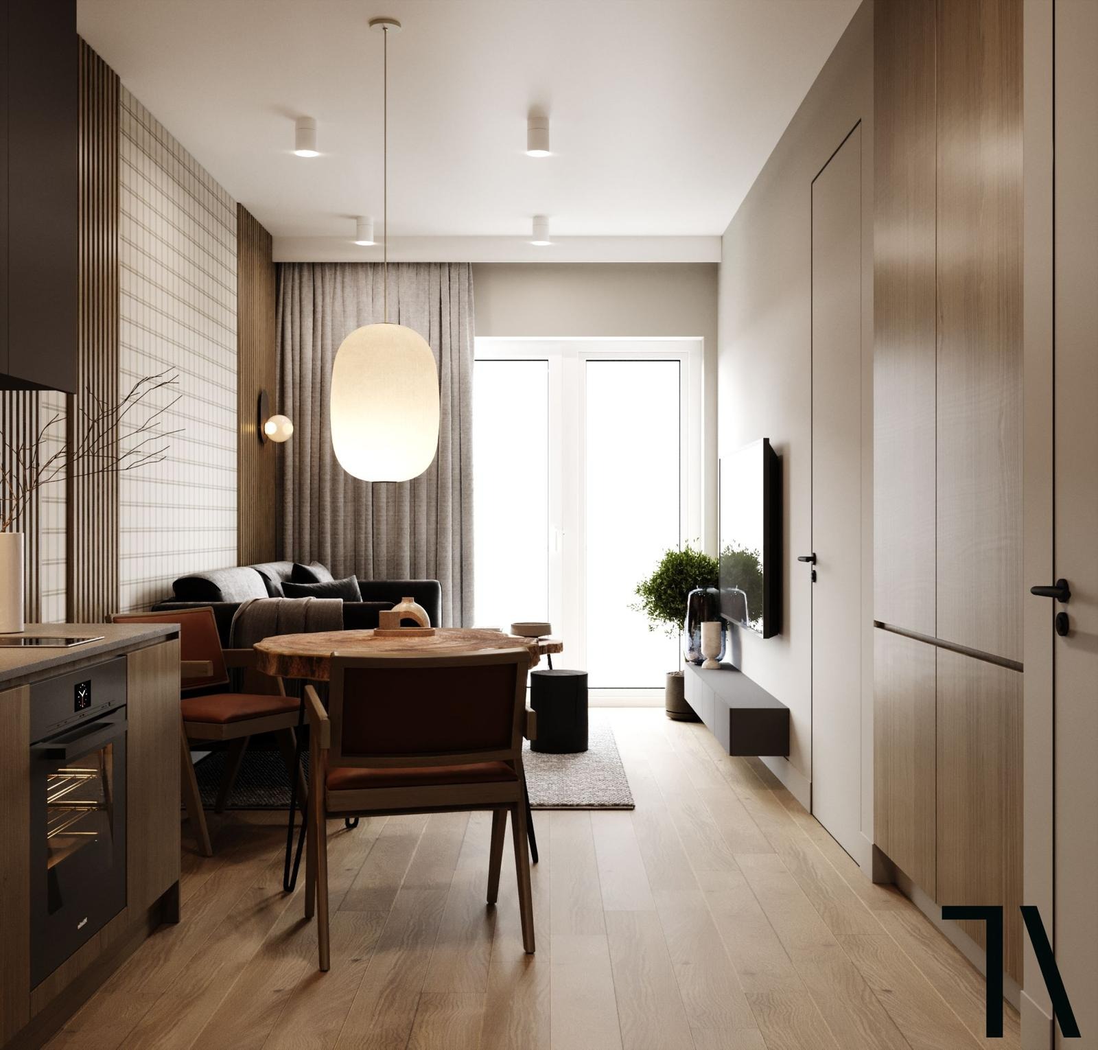 Nowoczesne wnętrze: drewniany stół, parkiet, zabudowa kuchenna z piekarnikiem, TV na ścianie, dekoracyjna lampa i okno. Stonowana kolorystyka, minimalistyczny design.