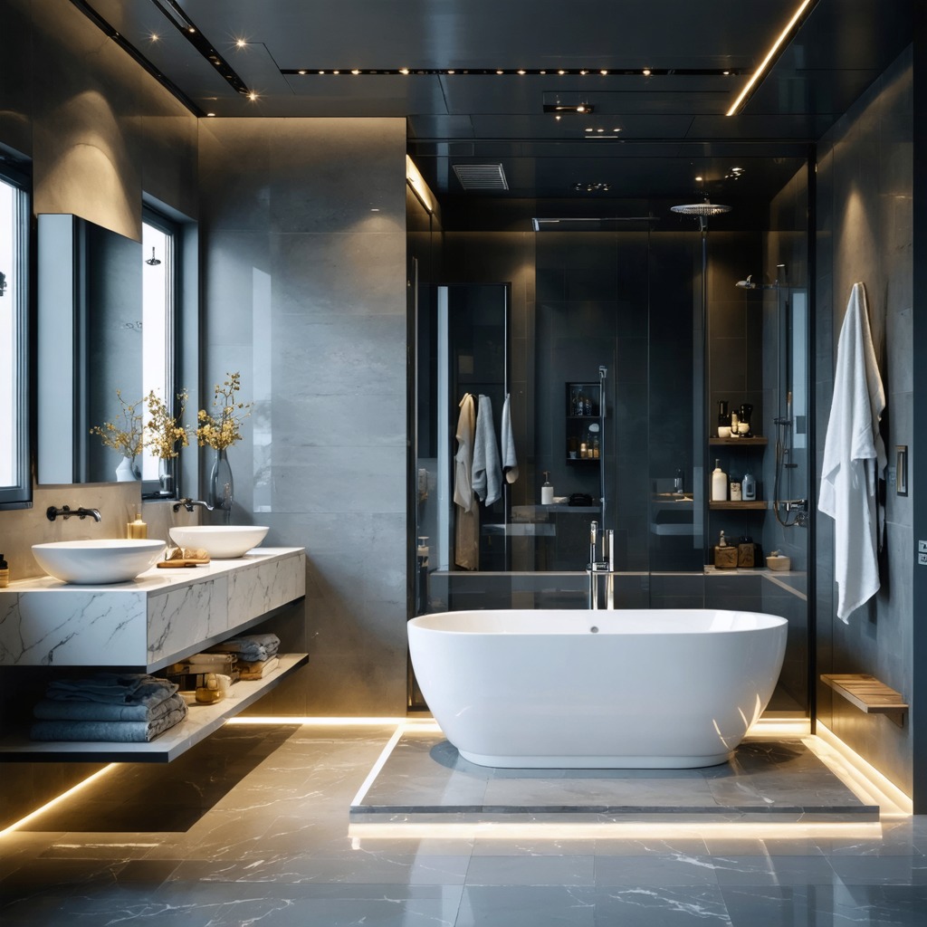 Nowoczesna łazienka z marmurową podłogą, wanną wolnostojącą i podświetlanymi półkami. Minimalistyczny design z szarymi tonami i akcentami światła.