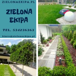Zielona Ekipa-Marcin Woźniczko - Nowoczesny ogród: trawnik z robotem koszącym, ścieżka z płyt i kamienia, rabaty z krzewami i drzewami. Zadbana zieleń i elementy dekoracyjne.
