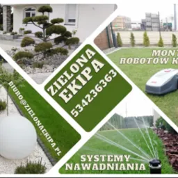Kompozycja zdjęć zrealizowanych projektów ogrodowych: system nawadniania, trawnik z rolki, drenaż, montaż robotów koszących, projekty ogrodów. Zielona Ekipa.