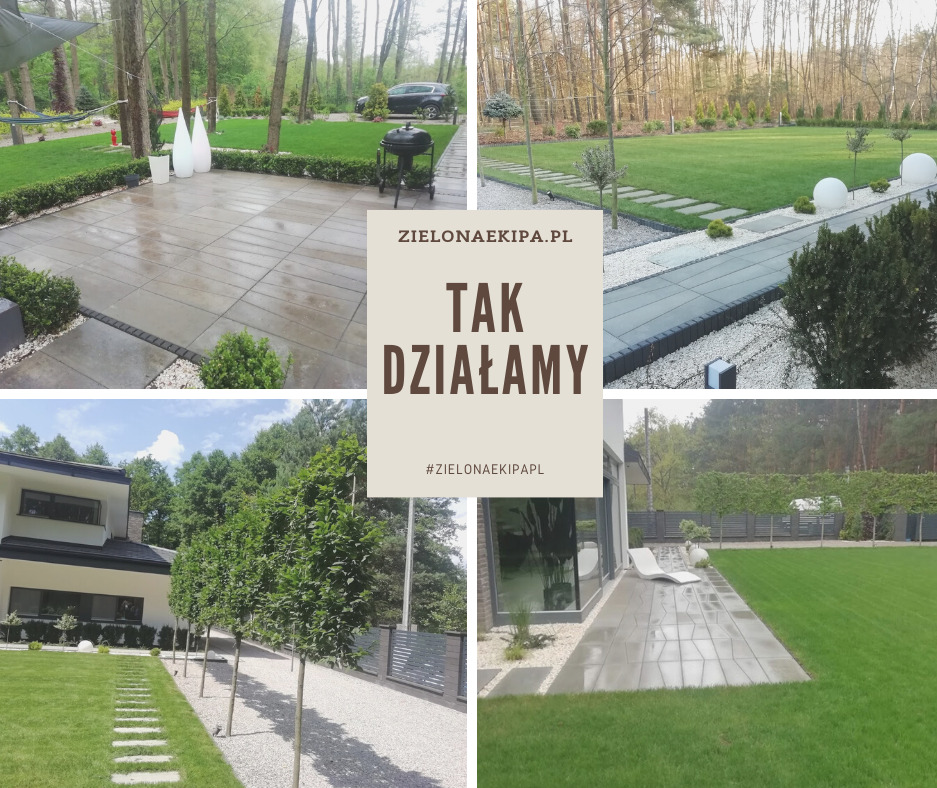 Kompozycja czterech kadrów: taras z grillem, ścieżka w ogrodzie, rząd drzew przy domu, patio z leżakiem. Zieleń i szarość dominują w krajobrazie.