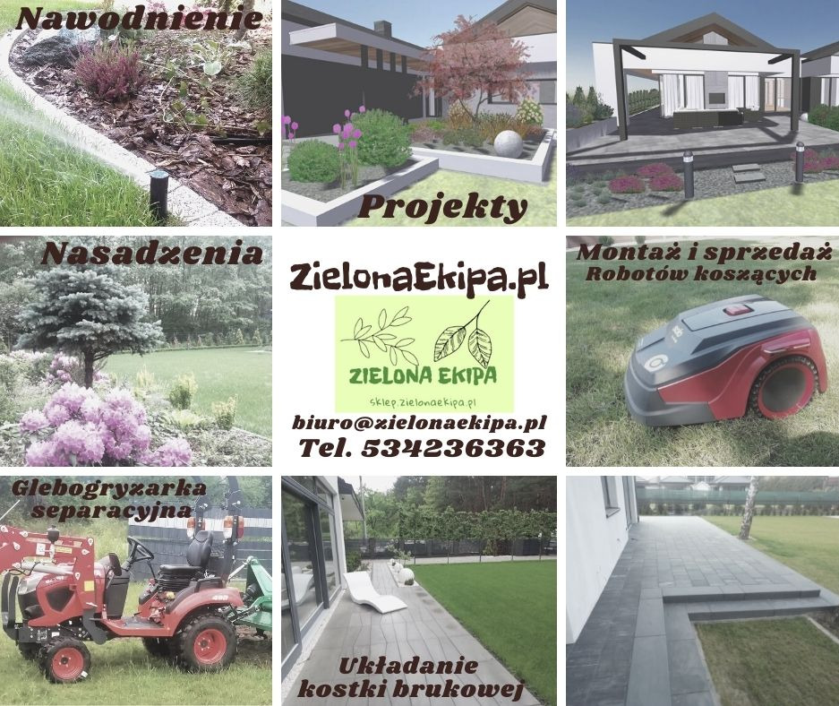 Mozaika zdjęć: nawadnianie, projekty ogrodów, nasadzenia, robot koszący, glebogryzarka, układanie kostki brukowej, logo firmy ogrodniczej z danymi kontaktowymi.