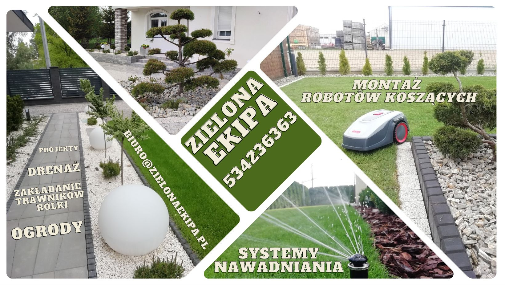 Kompozycja zdjęć zrealizowanych projektów ogrodowych: system nawadniania, trawnik z rolki, drenaż, montaż robotów koszących, projekty ogrodów. Zielona Ekipa.