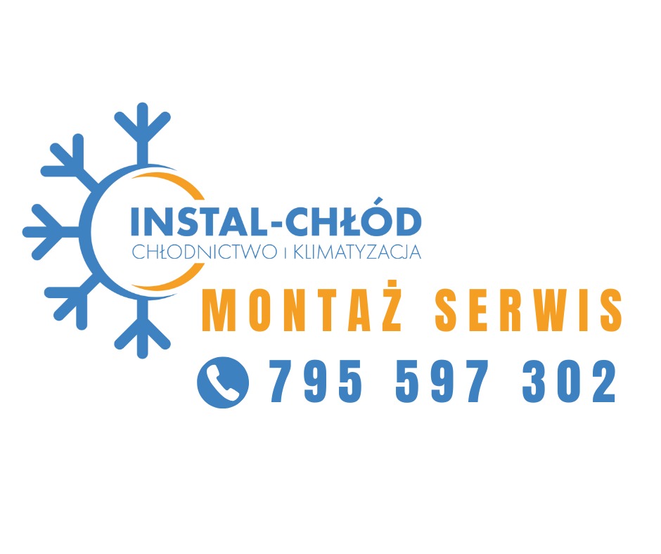 Logo firmy Instal-Chłód: montaż, serwis chłodnictwa i klimatyzacji. Grafika z numerem telefonu i niebieskim symbolem śnieżynki.