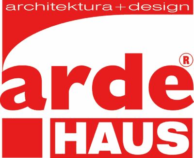 Czerwono-białe logo ARDE HAUS z napisem 'architektura + design' w górnej części.