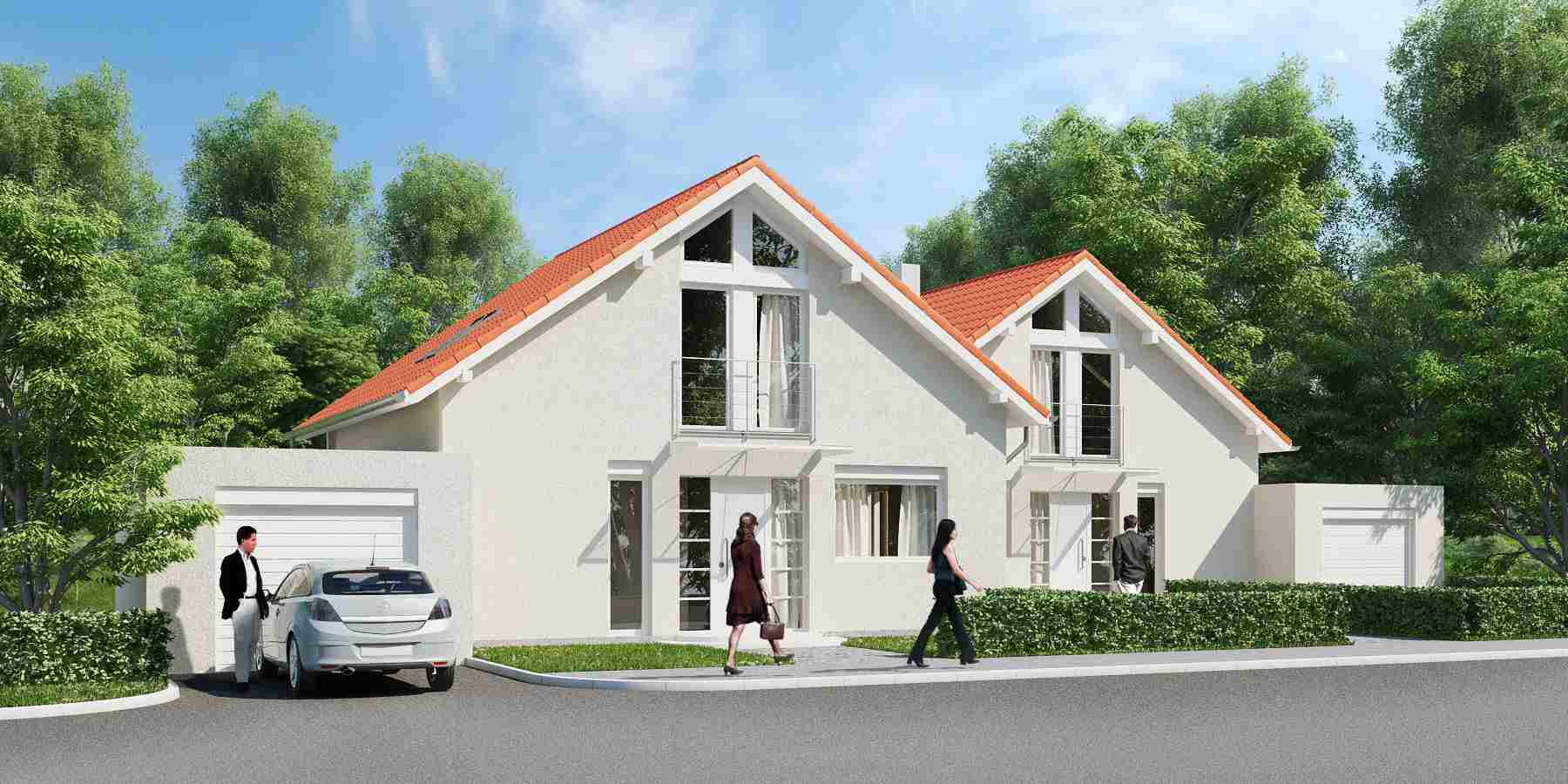 Wizualizacja dwukondygnacyjnego domu z garażem, białymi ścianami i pomarańczową dachówką, z osobami przechodzącymi obok.