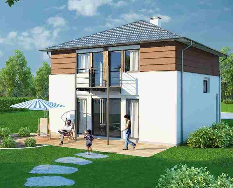 Wizualizacja dwukondygnacyjnego domu z białymi ścianami i brązową elewacją na piętrze, z balkonem z metalową balustradą, otoczonego zielonym trawnikiem i drzewami, z rodziną na tarasie.