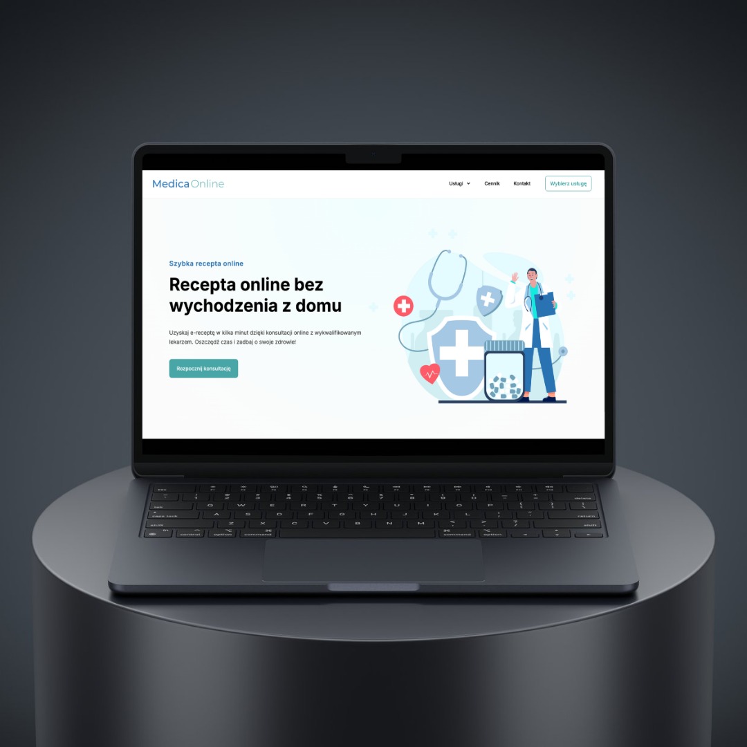 Laptop z otwartą stroną MedicaOnline, oferującą szybką receptę online bez wychodzenia z domu. Grafika z lekarzem i apteczką. Ciemne tło, minimalizm i nowoczesny design.
