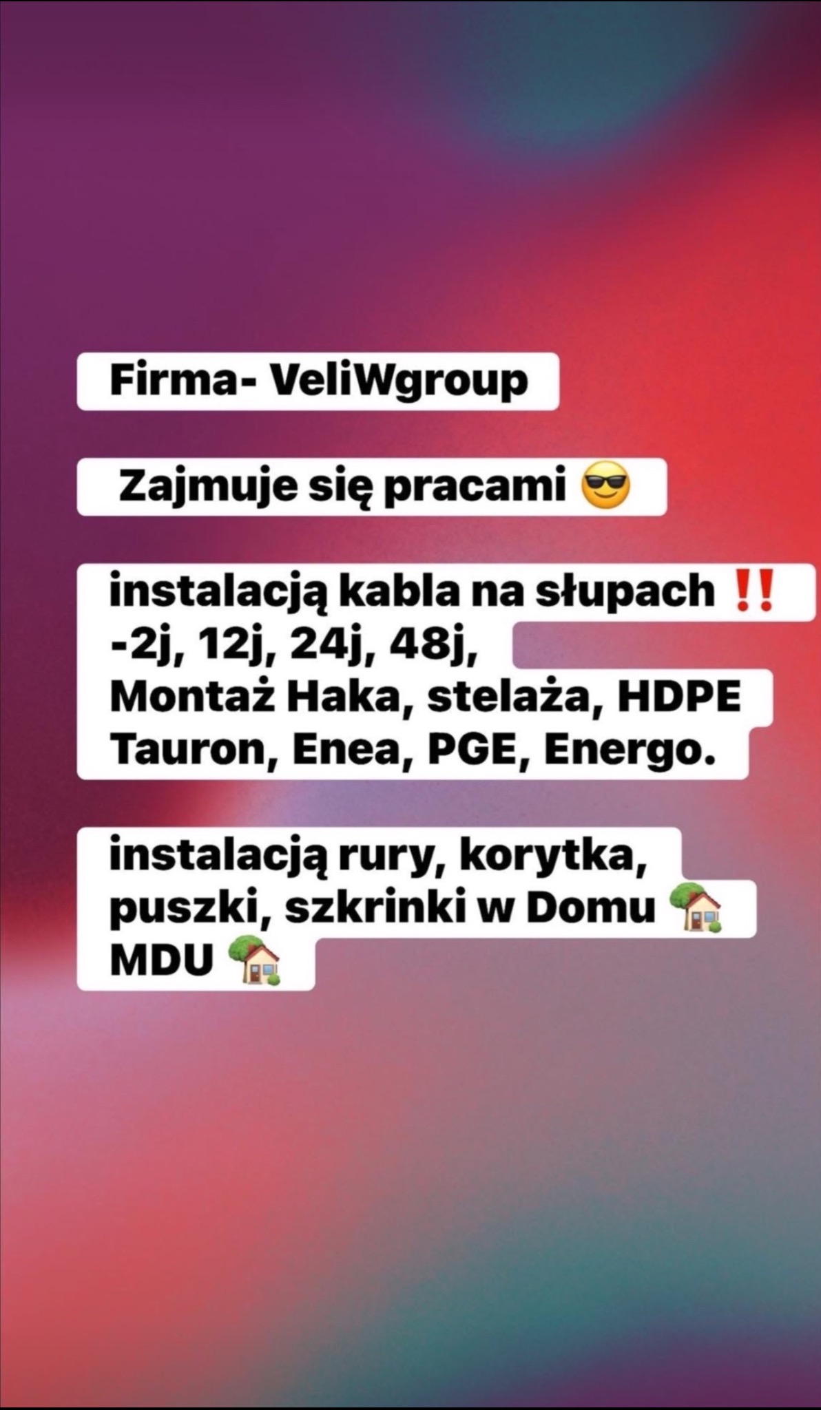 Firma VeliWgroup oferuje instalację kabli na słupach, montaż haka, stelaża, HDPE, instalacje rur, korytek, puszek i skrzynek w domach MDU.