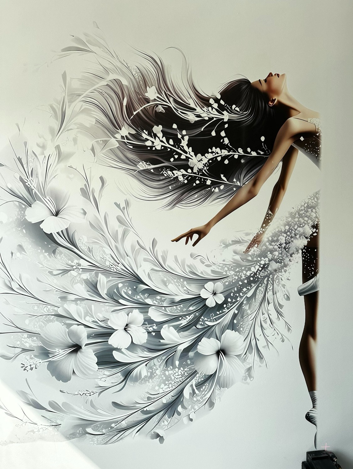 Unikalne malowidło ścienne: sylwetka kobiety w sukni z motywem kwiatowym, wykonana w odcieniach szarości. Artystyczny detal wykończenia wnętrza, z ciemnymi włosami i jasnymi kwiatami.