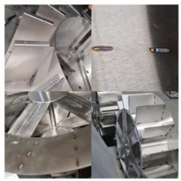 Kompozycja czterech zbliżeń spawanych elementów metalowych: fragmenty wiatraka, łączenia blach, detale spoin. Widoczne ślady obróbki i charakterystyczne przebarwienia.