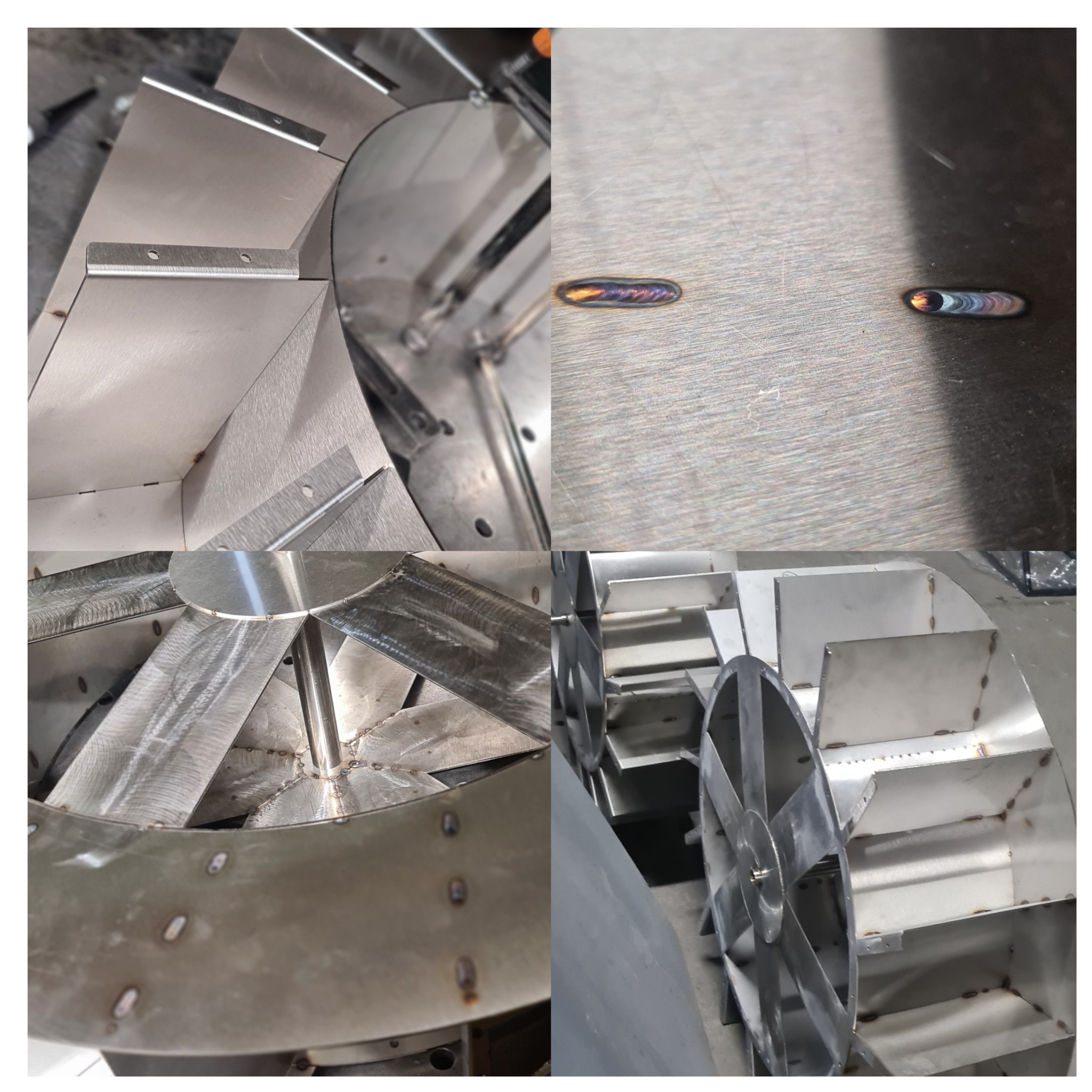 Kompozycja czterech zbliżeń spawanych elementów metalowych: fragmenty wiatraka, łączenia blach, detale spoin. Widoczne ślady obróbki i charakterystyczne przebarwienia.