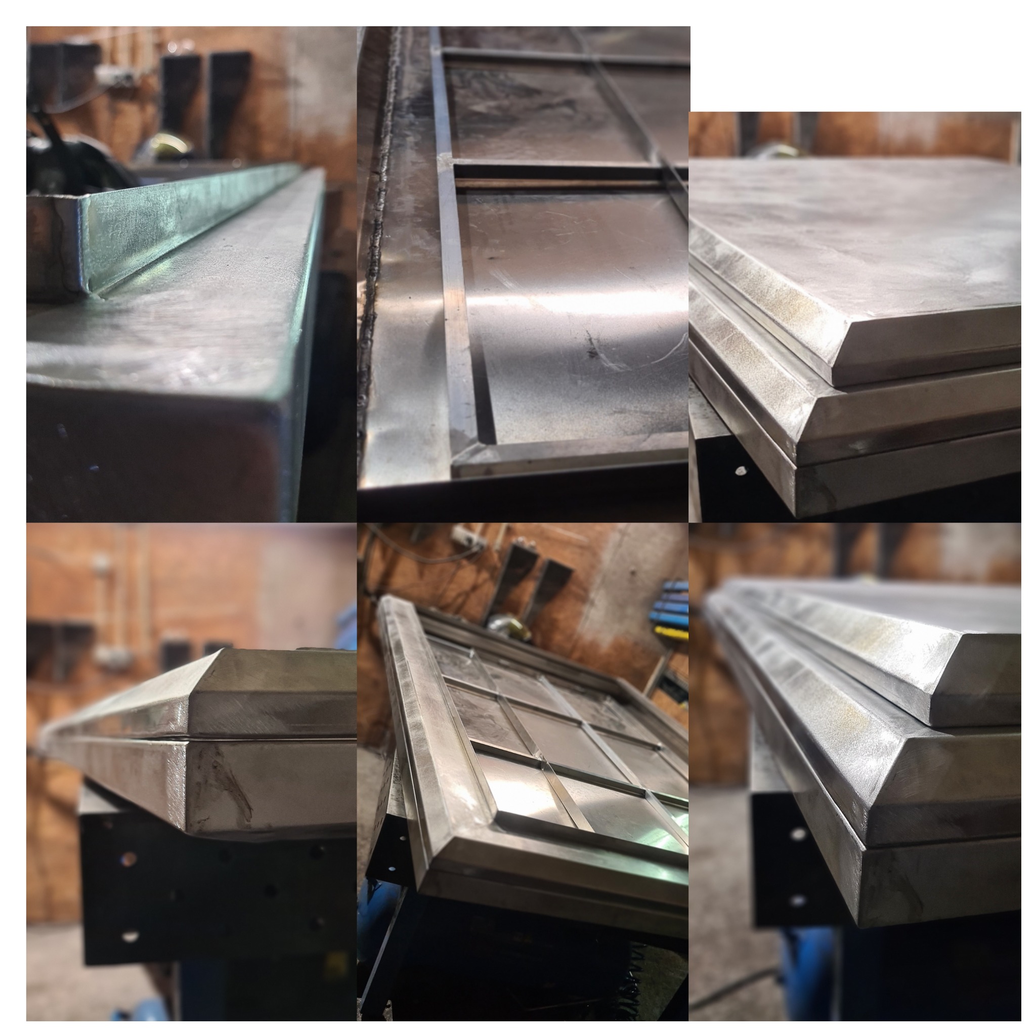 Metalowa konstrukcja z profili, spawana, surowa, w trakcie obróbki. Widoczne spawy i niedoskonałości. Różne ujęcia detali i całości konstrukcji.