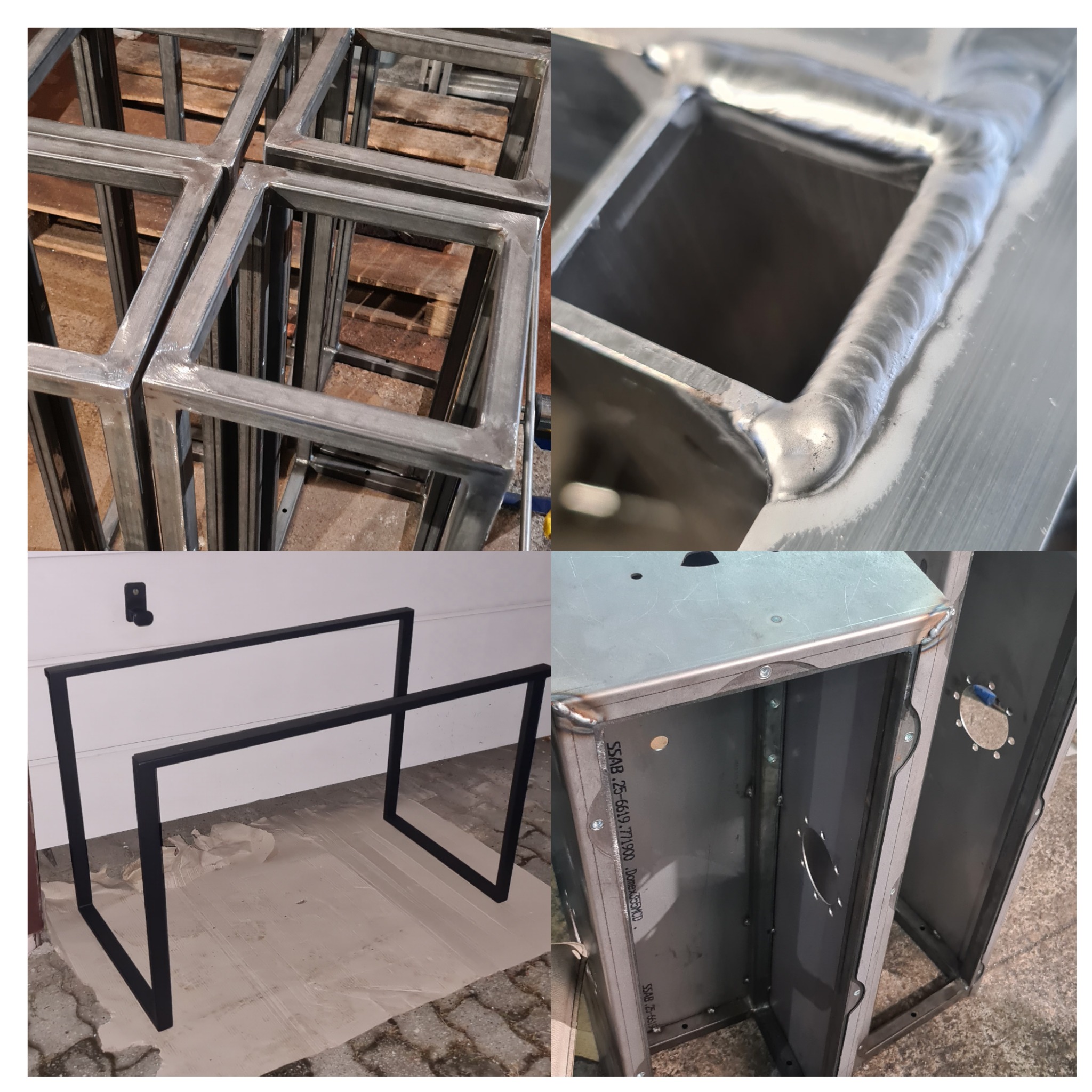 Metalowe ramy spawane pod kątem, detale spoin, spawane konstrukcje, elementy stalowe w procesie produkcji, surowe wykończenie metalu, czarne ramy z profili.