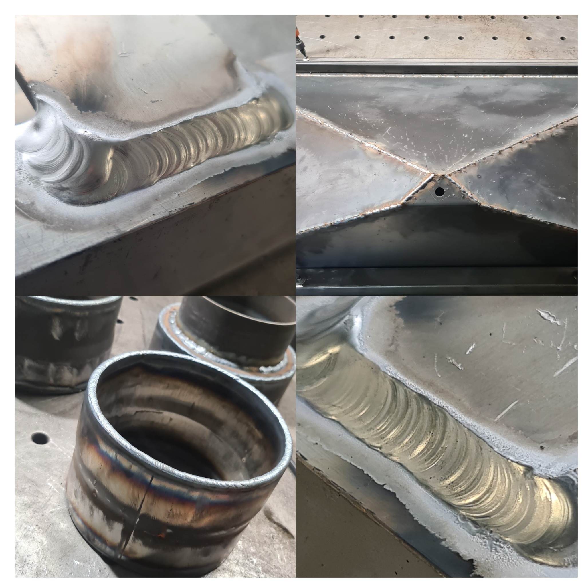 Kompozycja czterech zbliżeń spoin na metalowych elementach, ukazujących precyzję i estetykę wykonania. Widoczne detale łączeń i ślady obróbki.