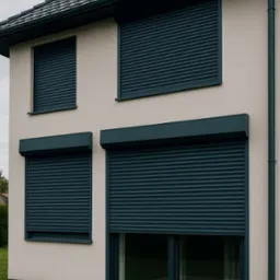 Elewacja domu z czterema oknami zabezpieczonymi grafitowymi roletami zewnętrznymi, z których jedna jest częściowo opuszczona, odsłaniając okno.