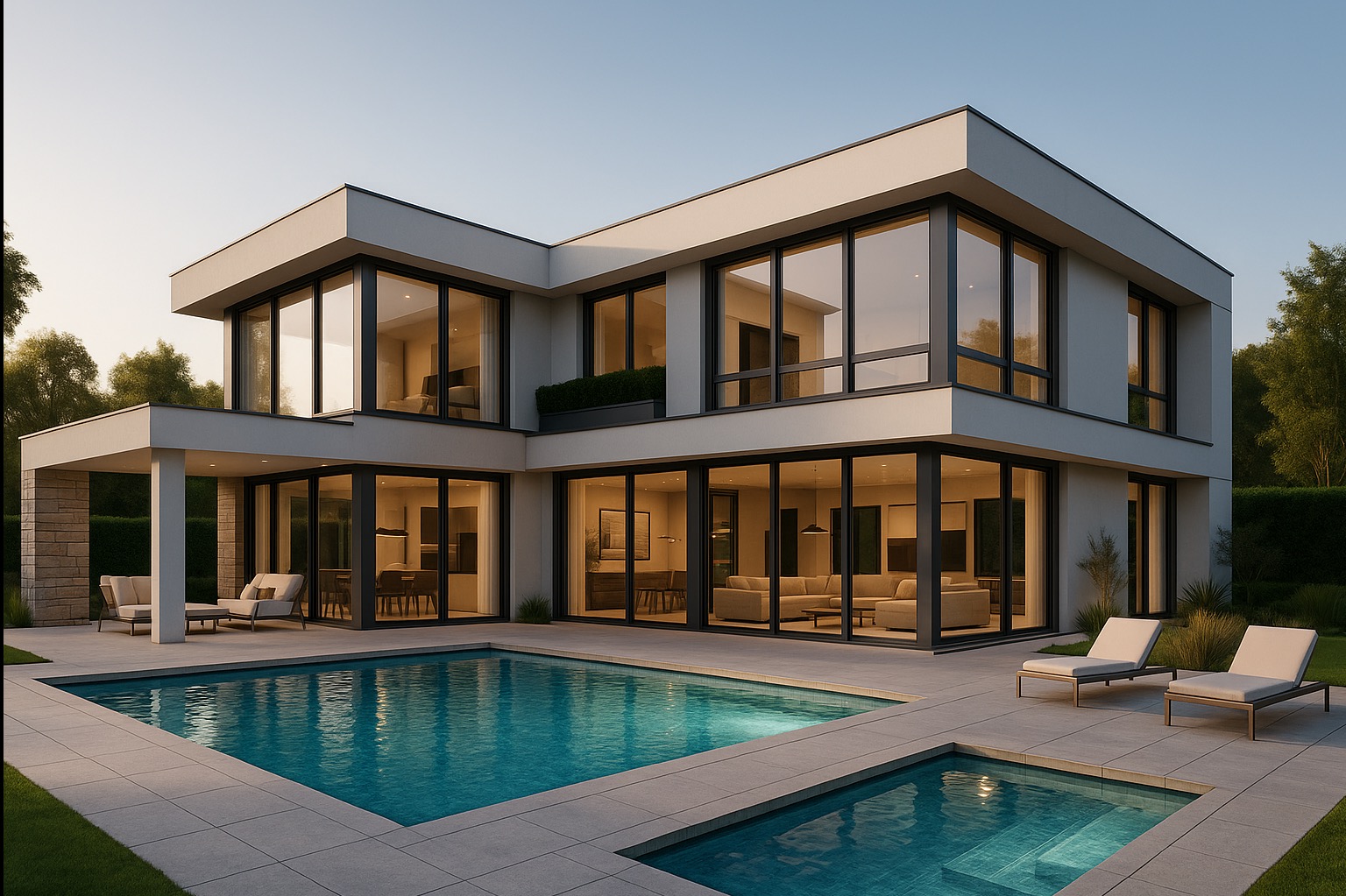 Elegancki, dwukondygnacyjny dom z dużymi oknami i basenem, widziany z zewnątrz. Nowoczesna architektura z płaskim dachem i minimalistycznym designem. Widoczne wnętrze domu.