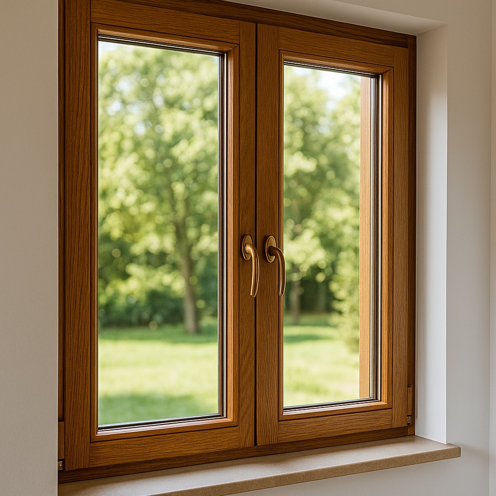 Dwu-skrzydłowe okno z drewna o ciepłym odcieniu brązu, z eleganckimi, złotymi klamkami. Widok na zieleń ogrodu przez szybę, osadzone na jasnym parapecie.