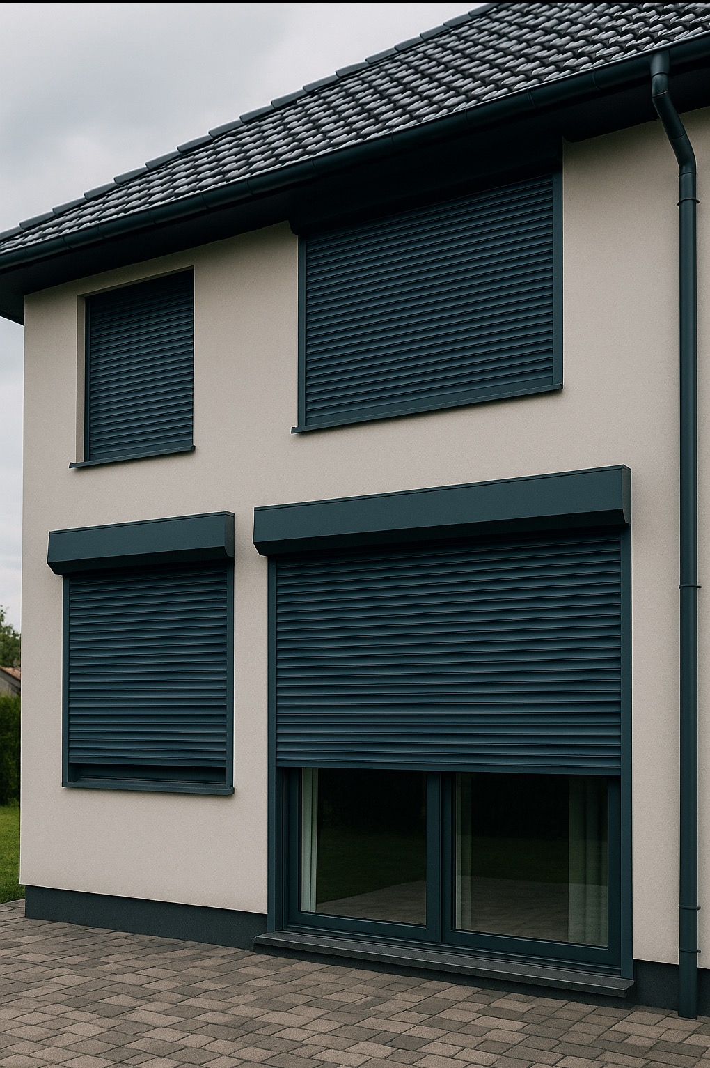 Elewacja domu z czterema oknami zabezpieczonymi grafitowymi roletami zewnętrznymi, z których jedna jest częściowo opuszczona, odsłaniając okno.