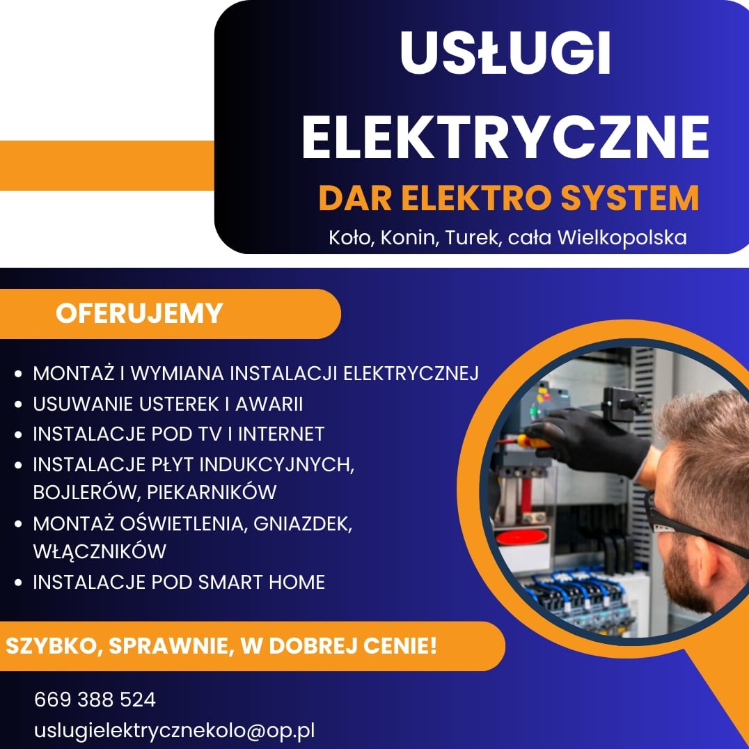 Grafika reklamowa usług elektrycznych: montaż, wymiana instalacji, usuwanie awarii, instalacje pod TV, płyty indukcyjne, oświetlenie, smart home. Szybko, sprawnie, w dobrej cenie.