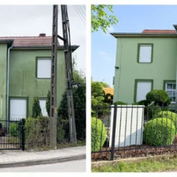 Zdjęcie elewacji domu przed i po czyszczeniu. Lewa strona jest brudna, z widocznymi zaciekami, prawa strona jest czysta i odświeżona. Widoczne okna i drzwi.