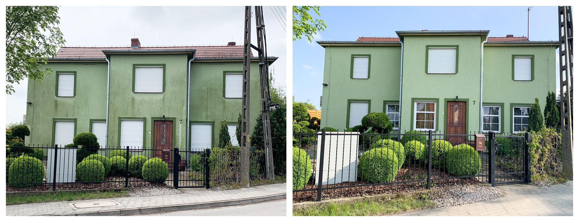 Zdjęcie elewacji domu przed i po czyszczeniu. Lewa strona jest brudna, z widocznymi zaciekami, prawa strona jest czysta i odświeżona. Widoczne okna i drzwi.