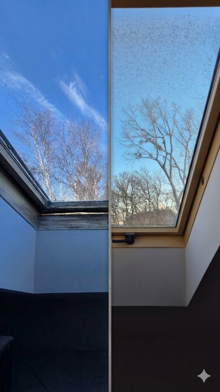 Okno dachowe przed i po czyszczeniu, widok na błękitne niebo z chmurami i drzewa. Po lewej okno czyste, po prawej zabrudzone. Widoczna rama okienna i fragment wnętrza.