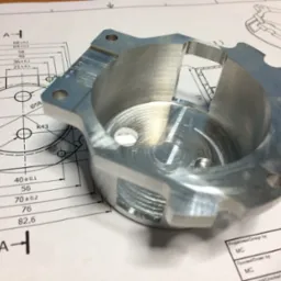 Metalowy element z otworem, obok rysunek techniczny z wymiarami. Widoczne ślady obróbki. Detal wykonany z precyzją, na rysunku daty i oznaczenia.