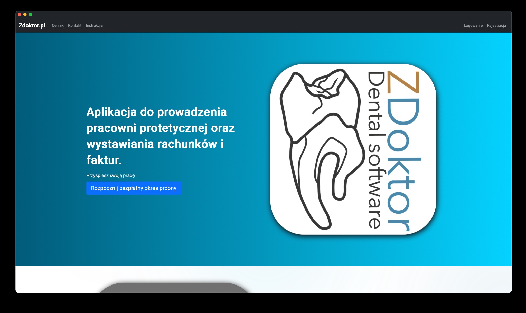 Ekran aplikacji Zdoktor.pl z grafiką zęba, tekstem o prowadzeniu pracowni protetycznej i przyciskiem do rozpoczęcia darmowego okresu próbnego. Interfejs w odcieniach niebieskiego.